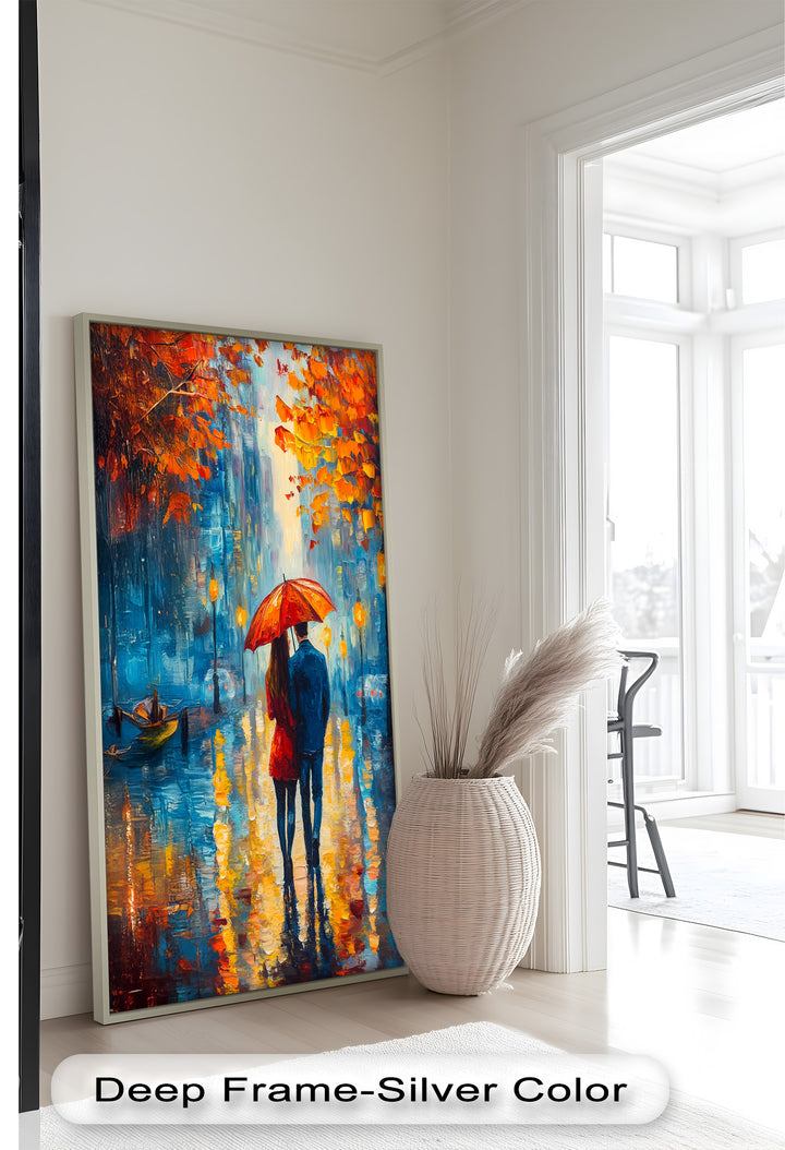 Romantic Couple Strolling Under Red Umbrella - Love Oil Painting
