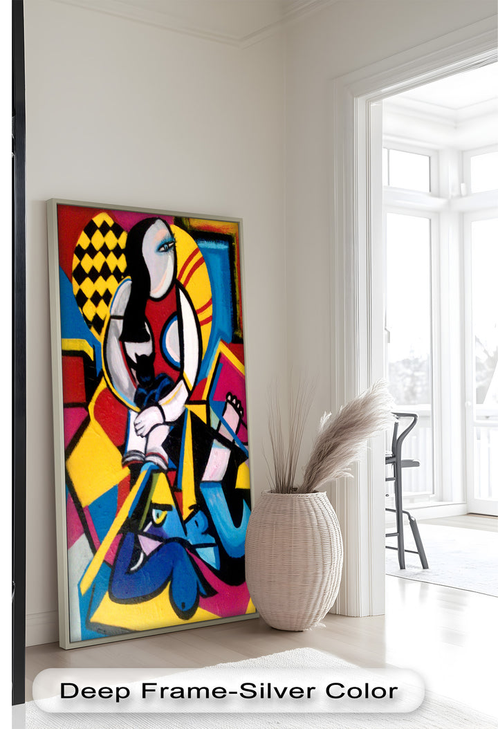 Bunte sitzende Frau Wandkunst – kubistisches Ölgemälde