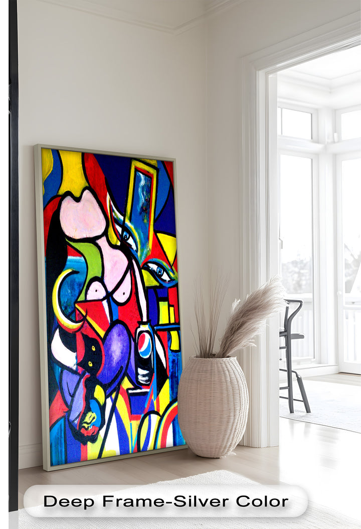 A bold, eclectic artwork merging street art, cubism, and surrealism, centered around a Pepsi can and stylized female body.