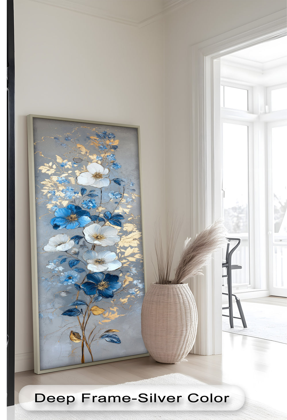 An elegant vertical floral composition featuring detailed blue and white blooms with shimmering gold foliage.