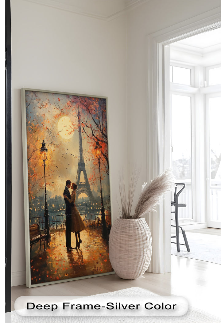Paris Moonlight – Lovers Beneath the Eiffel Tower Love Oil Painting