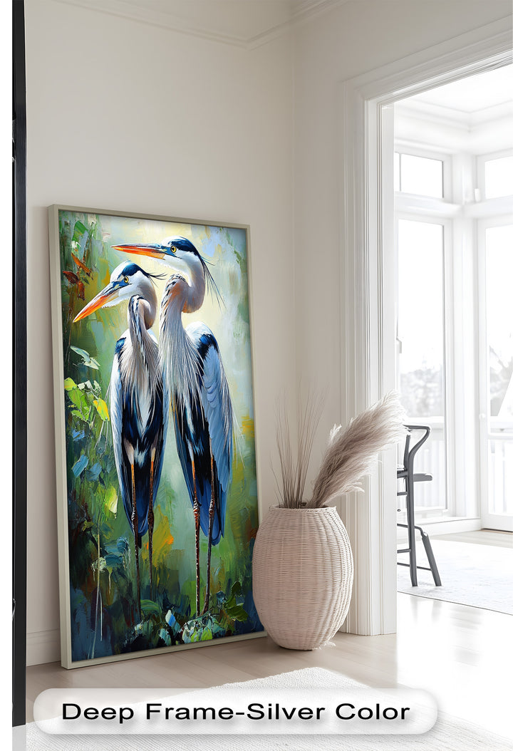 Two Herons Among Verdant Shadows - Animal Oil Painting