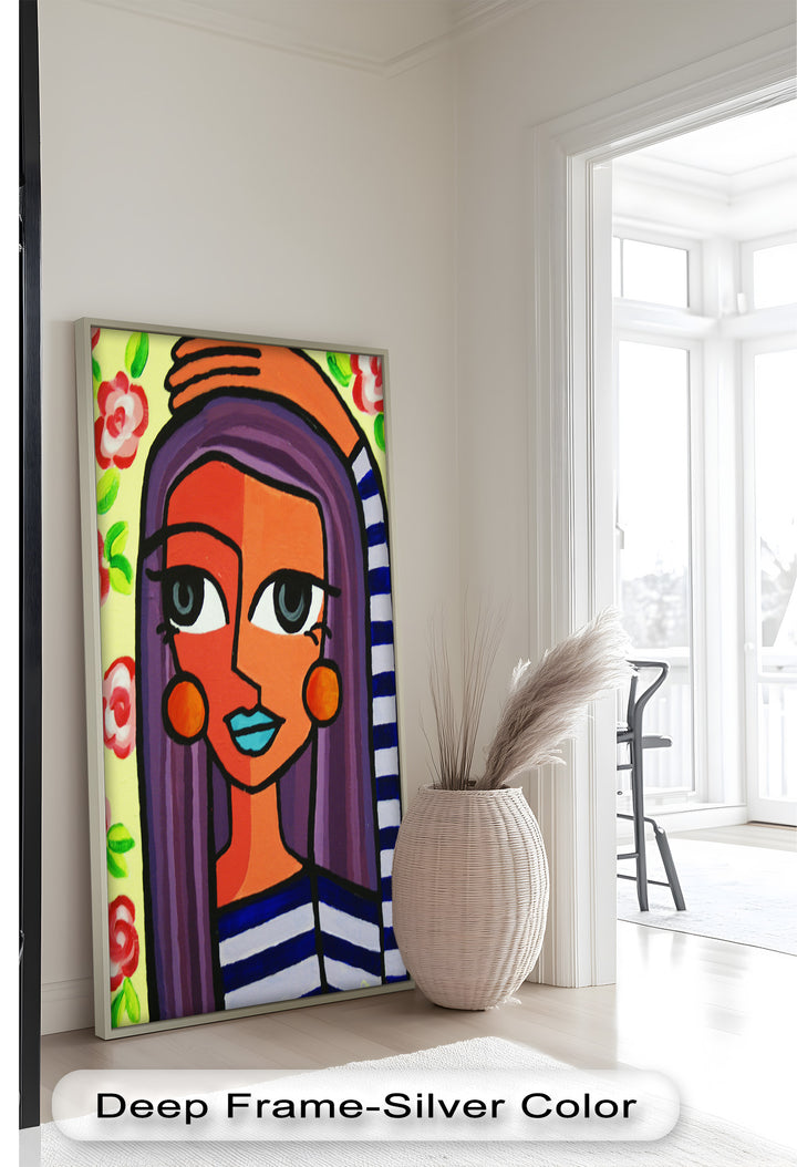 Striped Muse – Vibrant Woman with Flowers Picasso Oil Painting