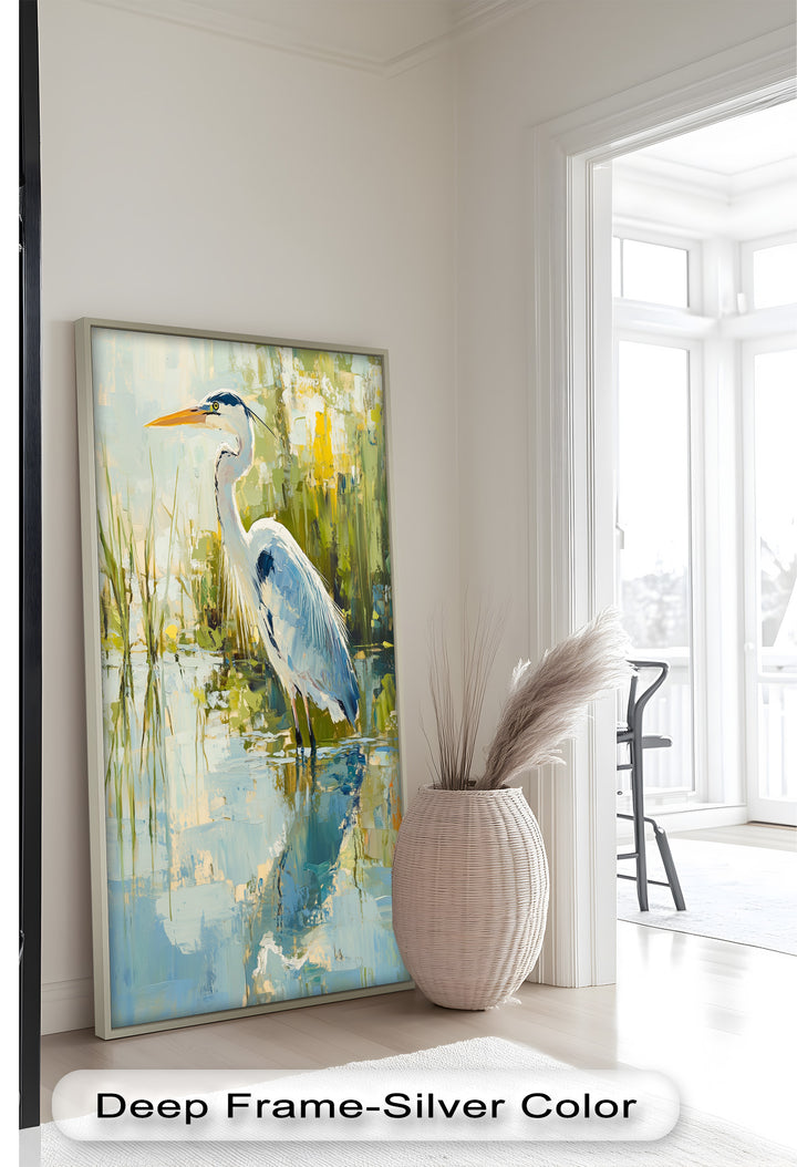 Heron Amid Textured Reflections - Animal Oil Painting