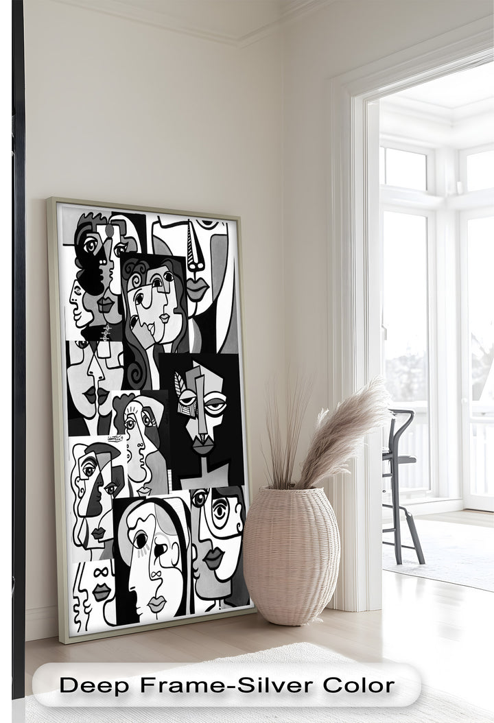 Monochrome Whispers – Collage of Cubist Faces Abstract Oil Painting