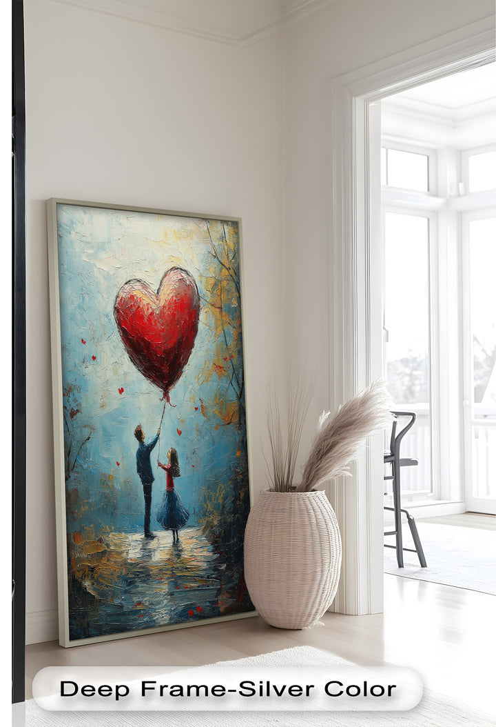 Heart Balloon Dreams – Whimsical Couple Love Oil Painting