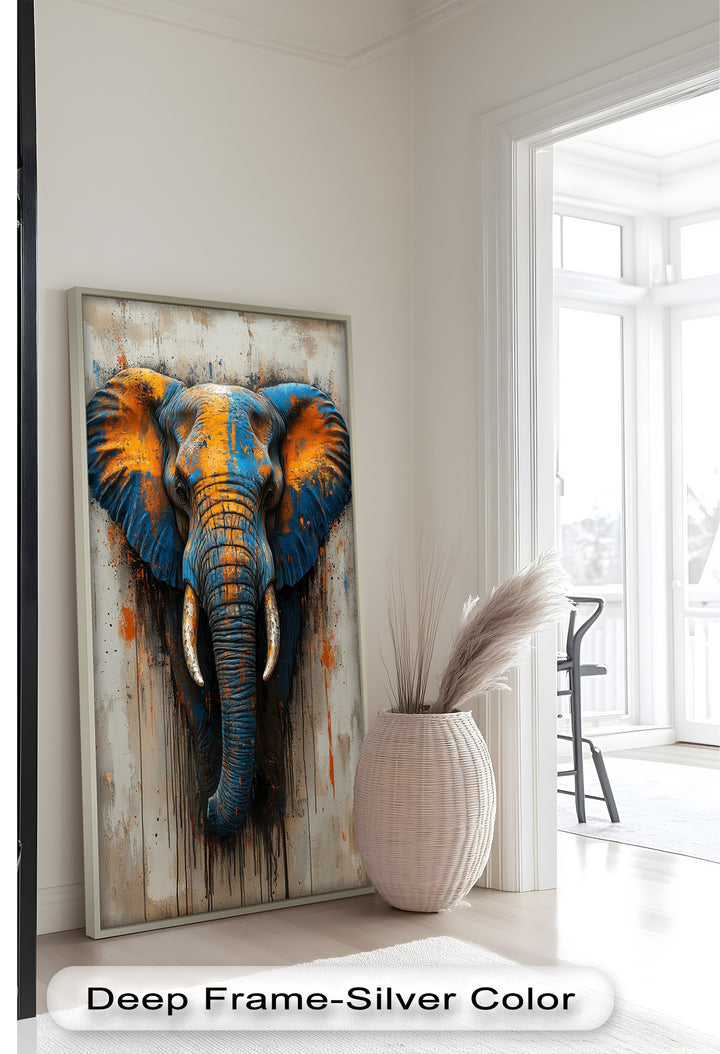 Blue and Orange Elephant Portrait - Animal Oil Painting
