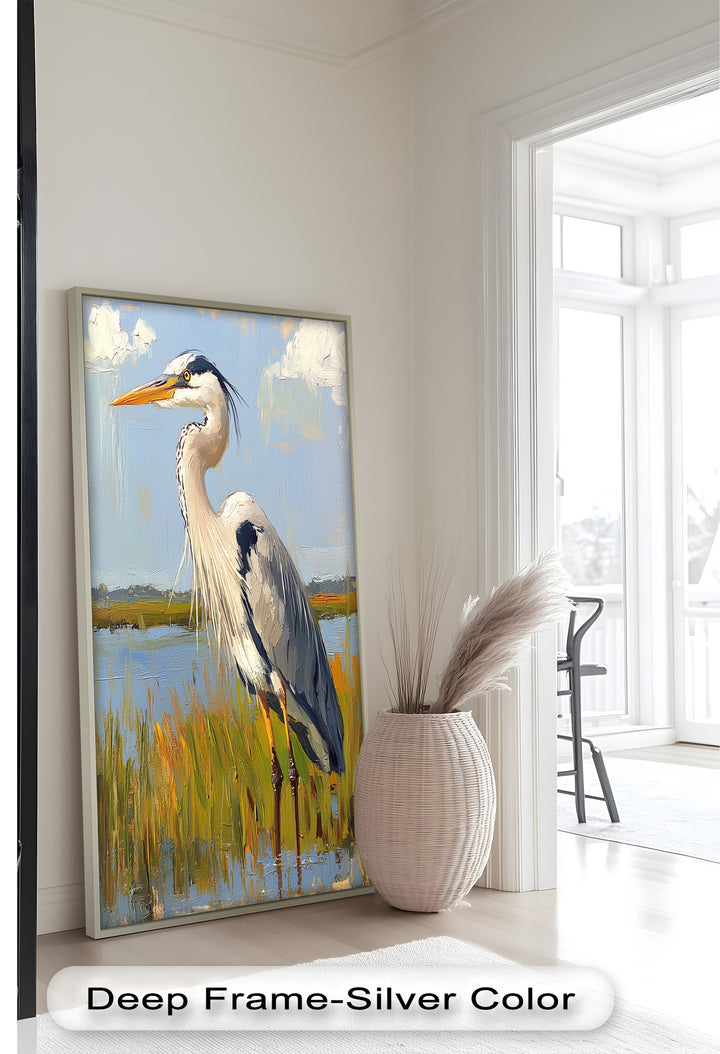 Heron in Sunlit Wetlands - Animal Oil Painting