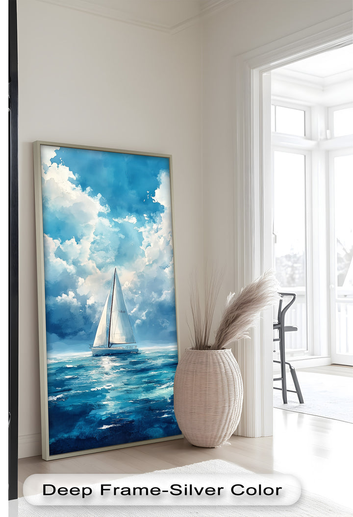 White Sailboat Blue Skies - Modern Oil Painting