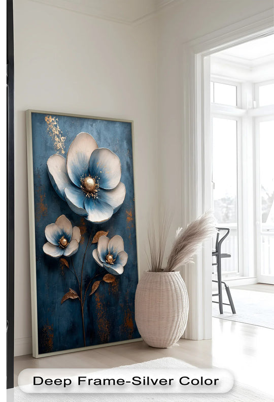 Highlighting the abstract quality, this flower oil painting wall art evokes elegance through deep blue textures and shimmering metallic gold accents, creating a compelling floral statement.