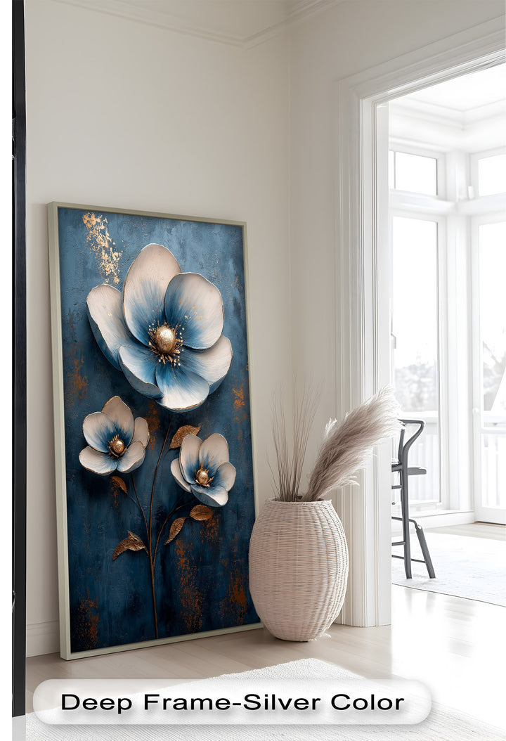 Deep Blue and Metallic Floral Elegance - Flower Oil Painting