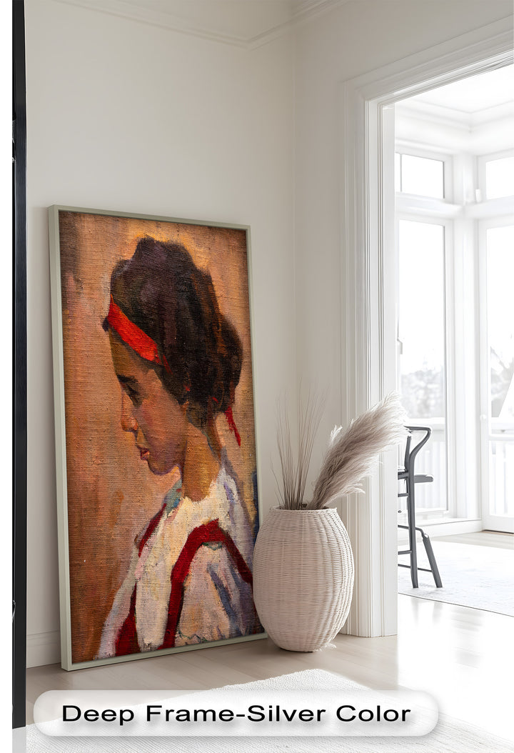 Crimson Reverie – Side Portrait of a Girl in Red Headband Oil Painting