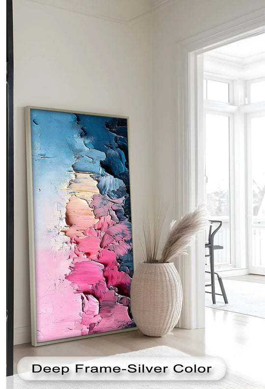 Striking color contrast defines this vertical abstract oil painting, where cool blues meet warm pinks in a textured oil painting home decor piece.