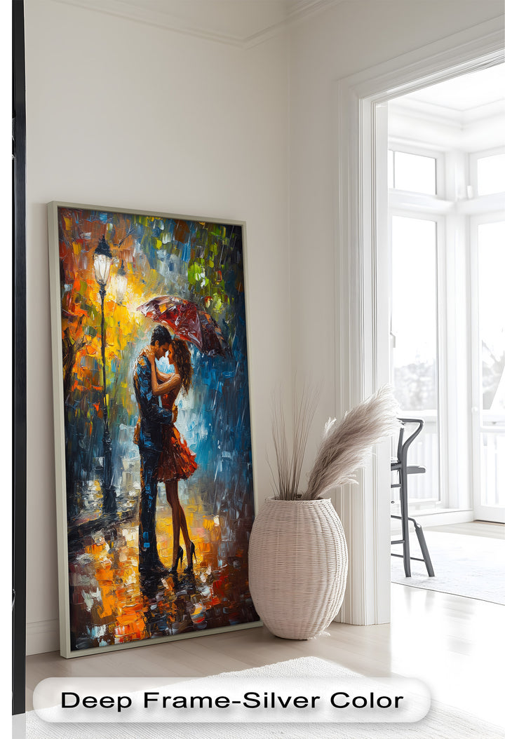 Embrace in Autumn Rain – Passionate Love Oil Painting