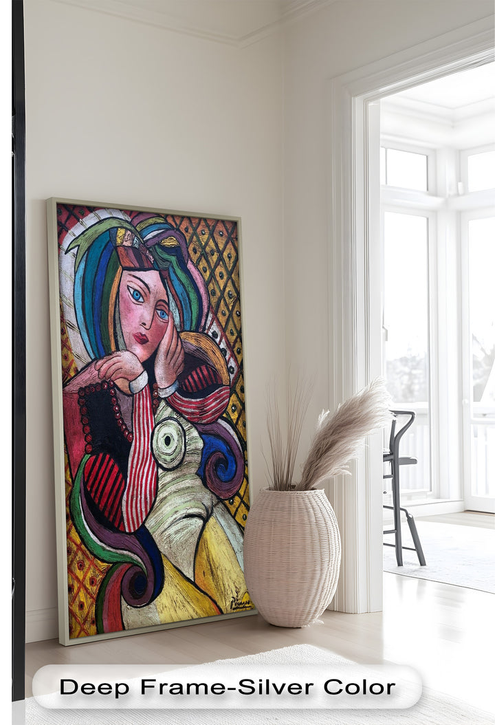 Bunte Muse – Lebendiges Porträt im Ölgemälde-Stil von Picasso