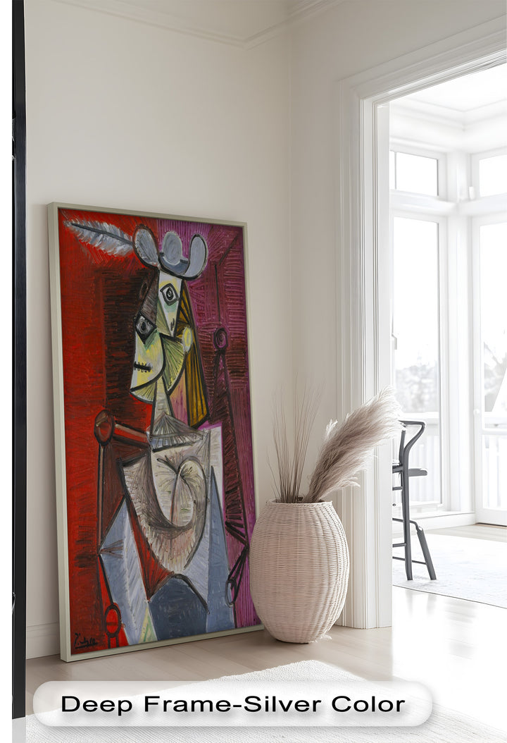 Bold in Crimson – Woman with Feather Hat Abstract Oil Painting