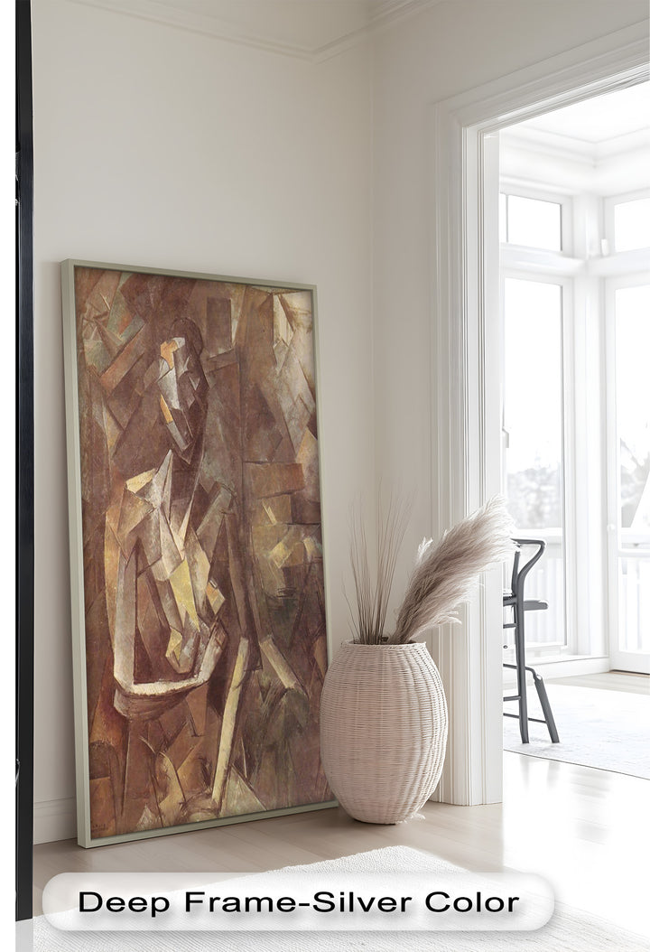 A monochromatic cubist painting of a seated figure, composed of fragmented geometric shapes in warm earthy tones.
