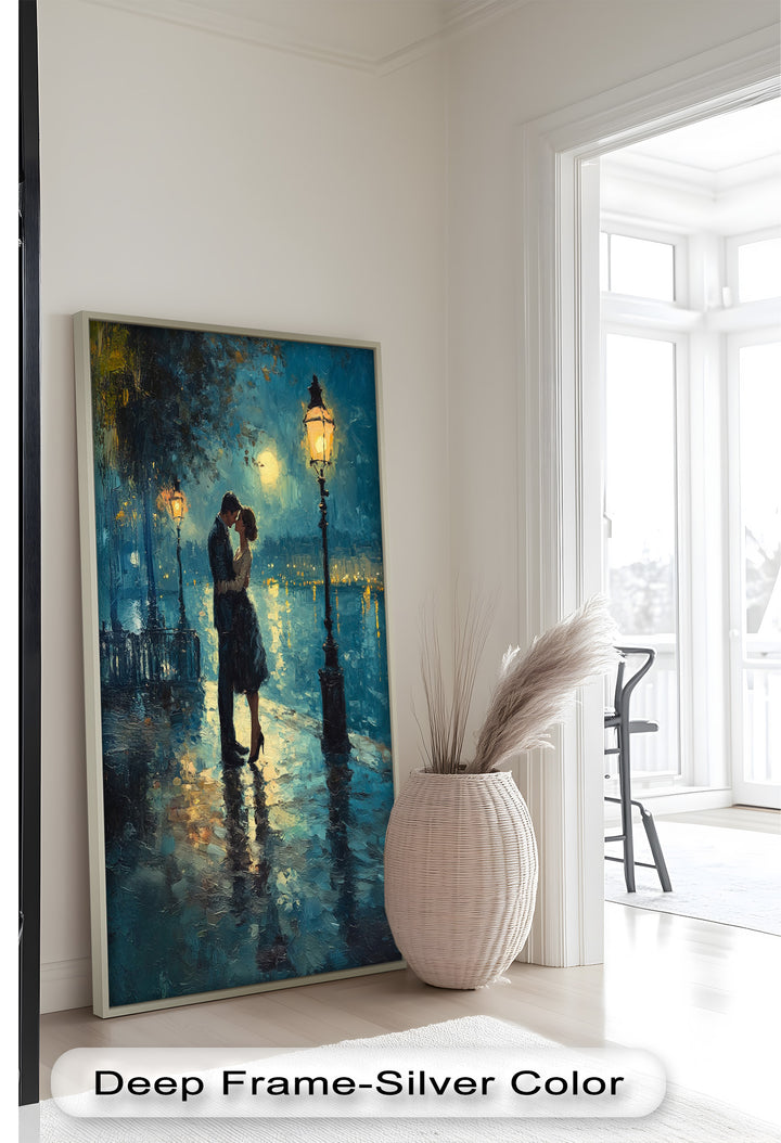 Moonlit Embrace – Lovers by the Lamplight Love Oil Painting