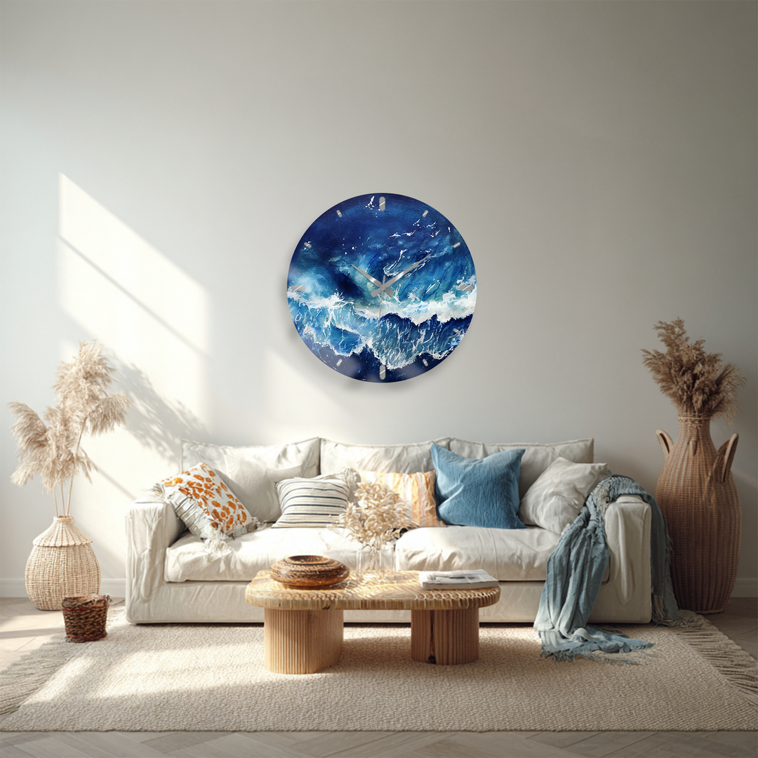 Abstract Blue Ocean Glass Wall Clock – Coastal Wave Art