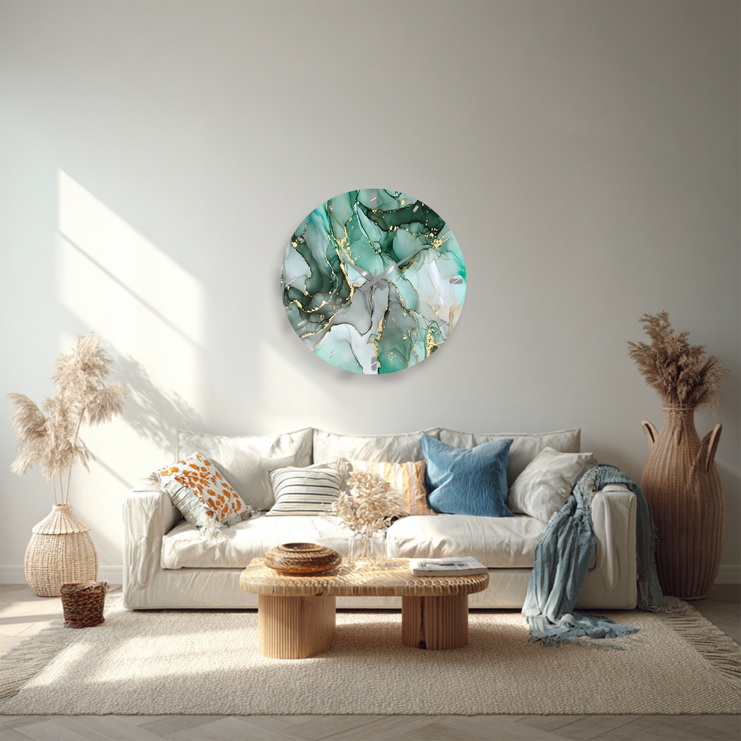 Emerald Green Marble Glass Wall Clock – Gold Accent Decor