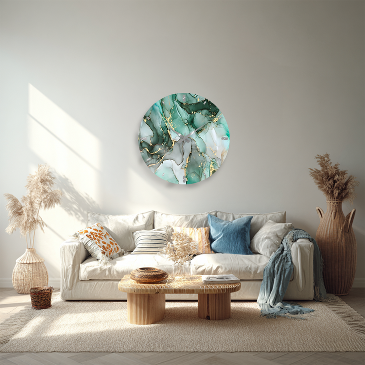 Emerald Green Marble Glass Wall Clock – Gold Accent Decor