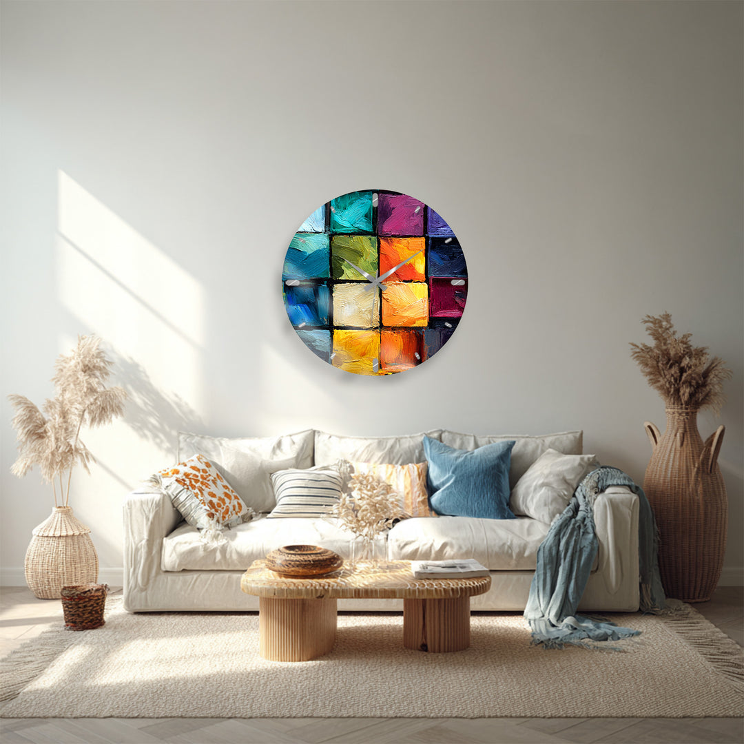 Colorful Abstract Glass Wall Clock – Textured Geometric Painting