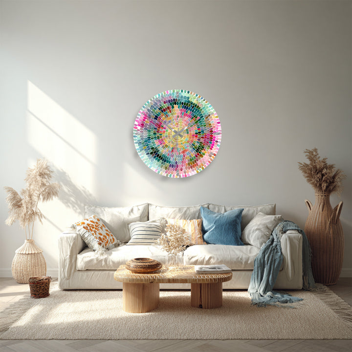 Colorful Mandala Glass Wall Clock – Rainbow Mosaic Decor