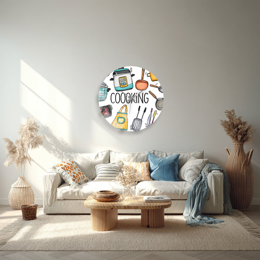 Colorful Cooking Glass Wall Clock – Kitchen Utensil Decor