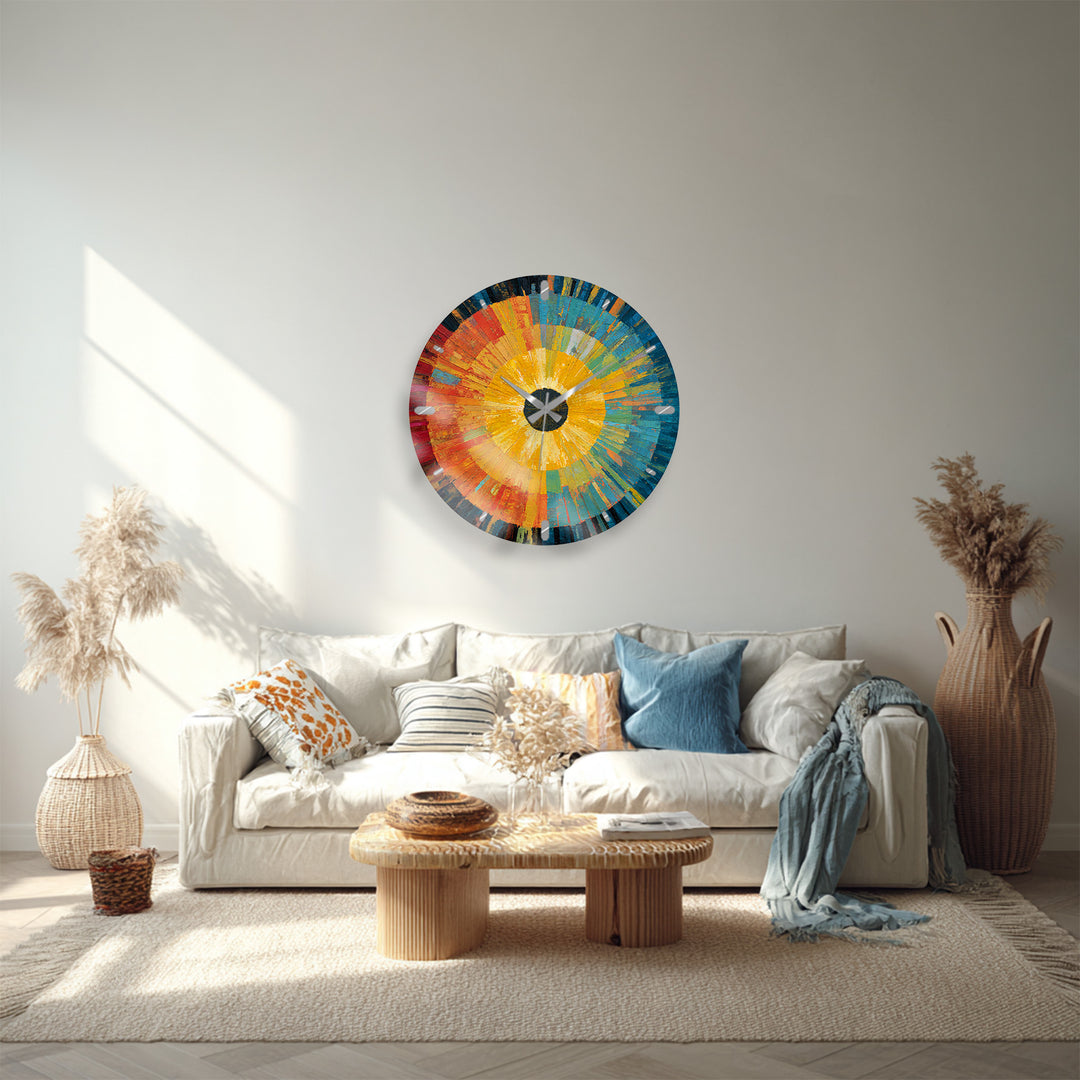 Abstract Sunburst Glass Wall Clock – Colorful Modern Art