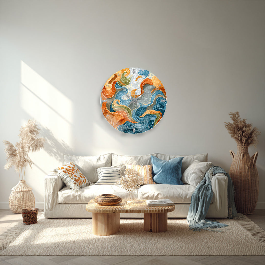Abstract Ocean Glass Wall Clock – Blue and Orange Wave Art