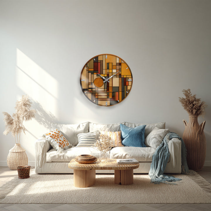 Art Deco Geometric Glass Wall Clock – Warm Retro Abstract Art