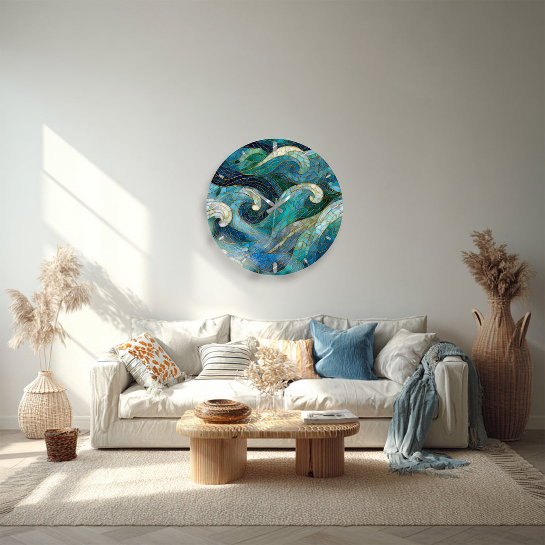 Blue Wave Glass Wall Clock – Abstract Stained Glass Style