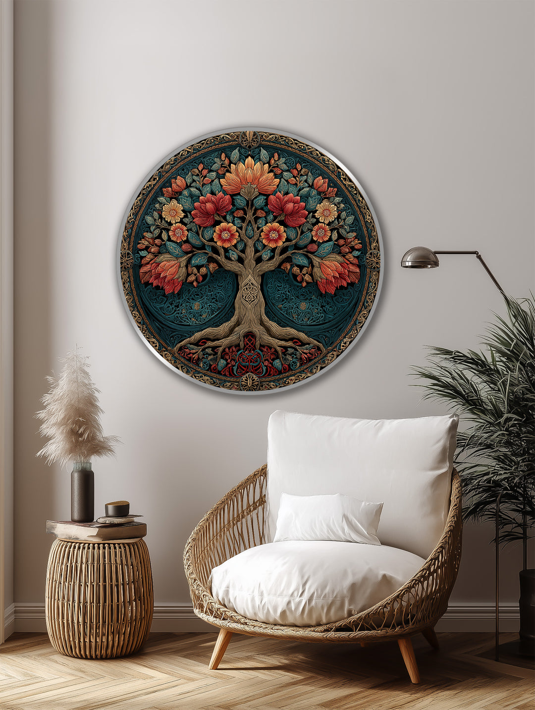 Árbol de flores adornado – Redondo de madera Cuadro al óleo Arte de pared