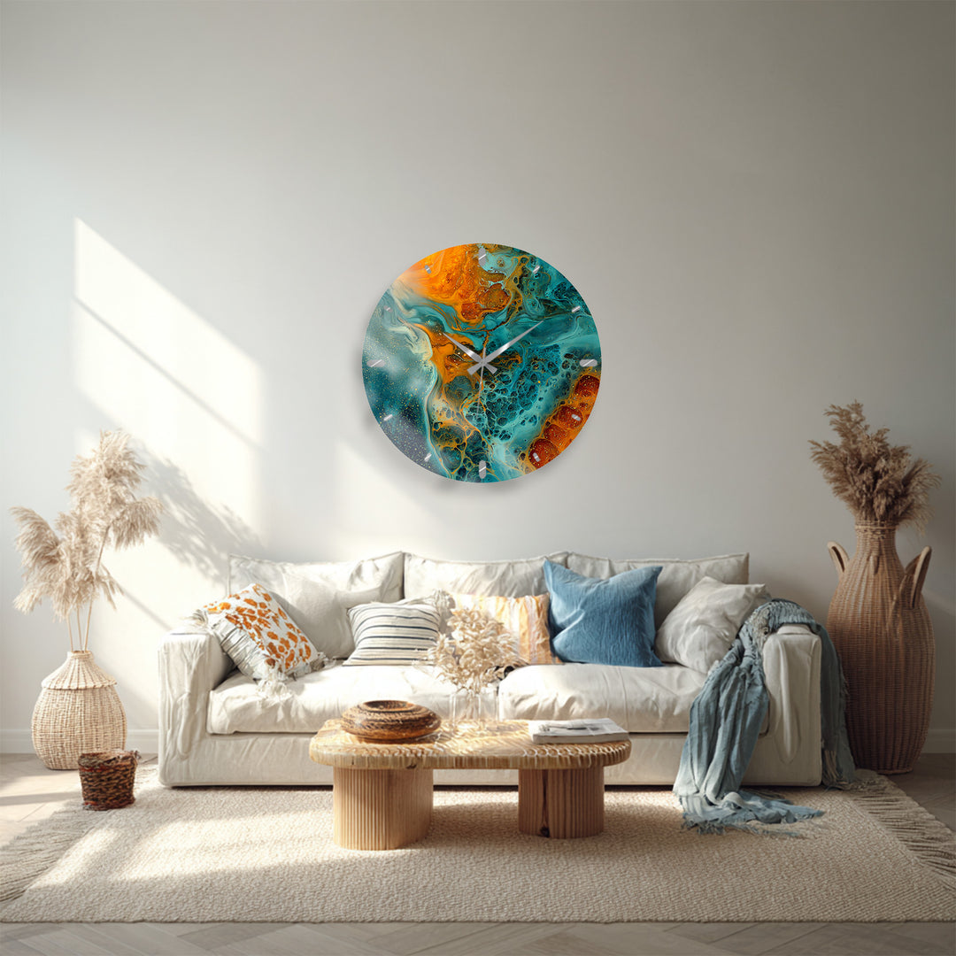 Fluid Art Glass Wall Clock – Teal and Gold Abstract Pour Decor
