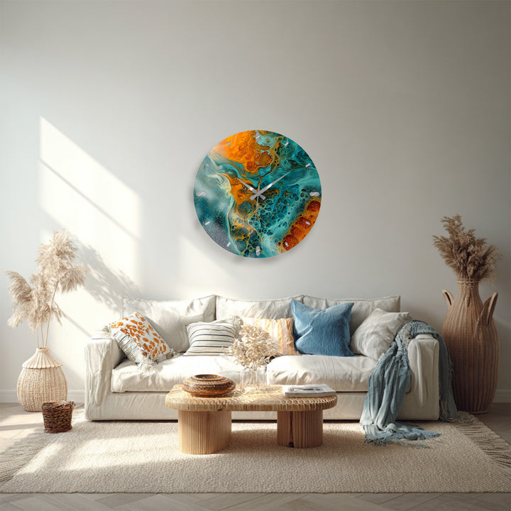 Fluid Art Glass Wall Clock – Teal and Gold Abstract Pour Decor