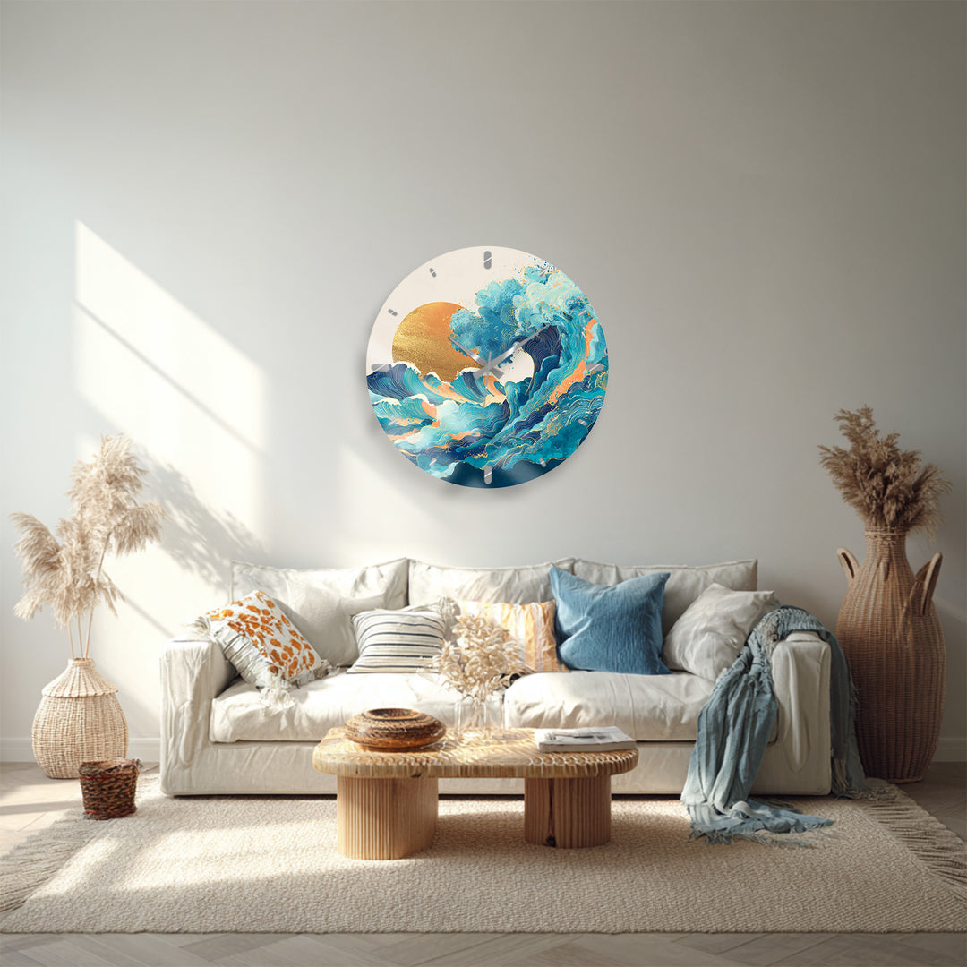 Japanese Wave Glass Wall Clock – Blue Ocean Sunset Art Decor