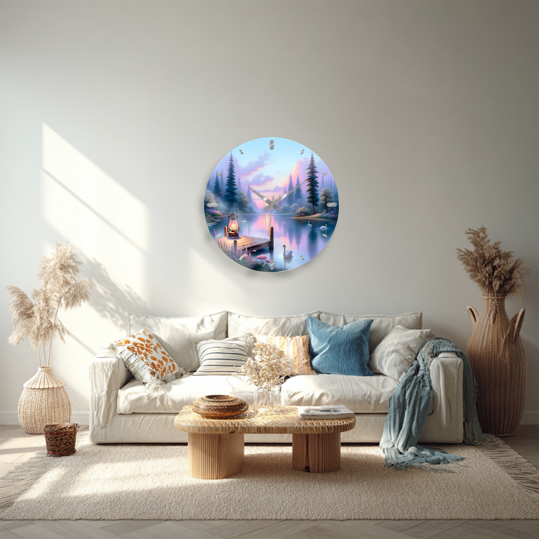 Swan Lake Glass Wall Clock – Pastel Forest Landscape