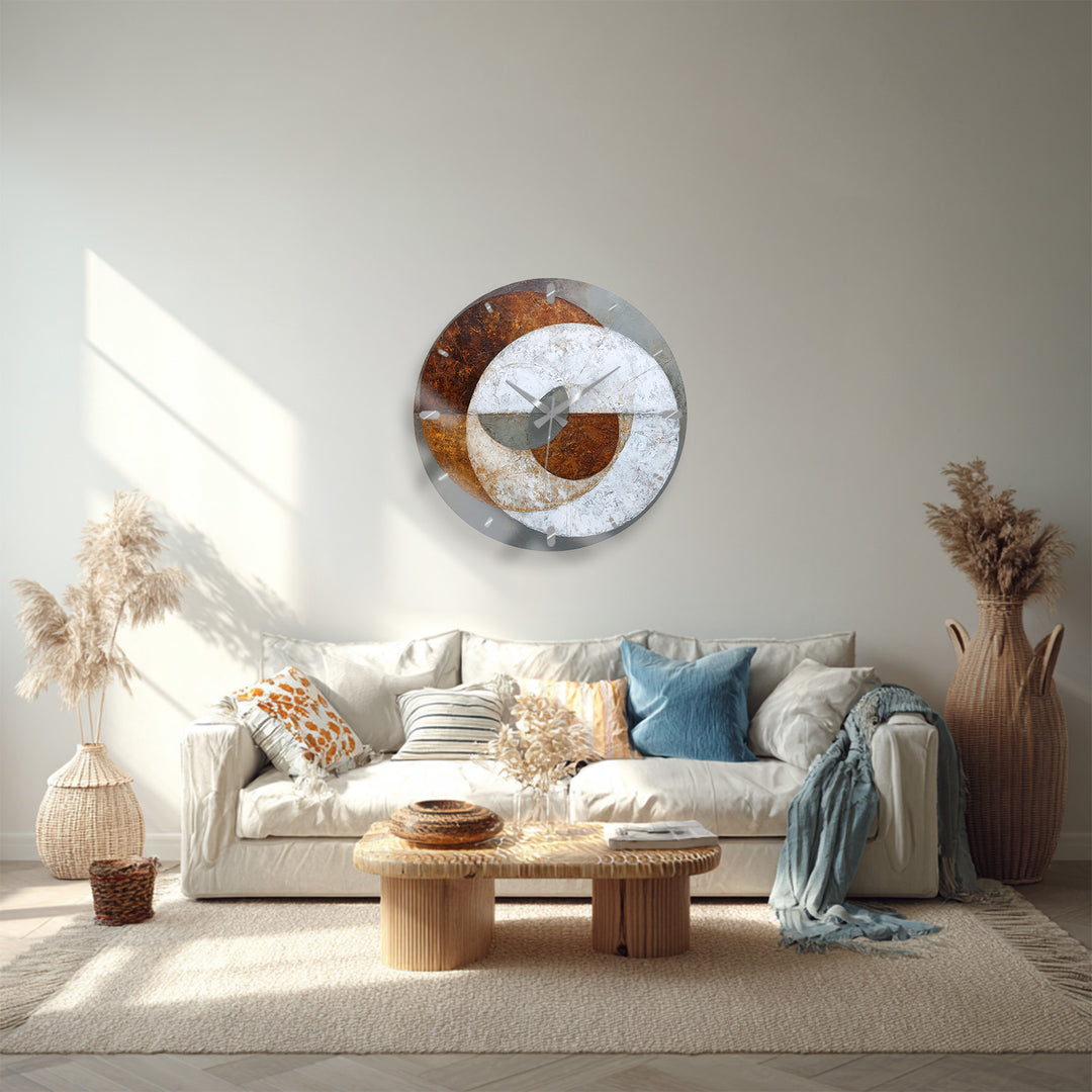 Rust and Gray Glass Wall Clock – Industrial Abstract Circle Art