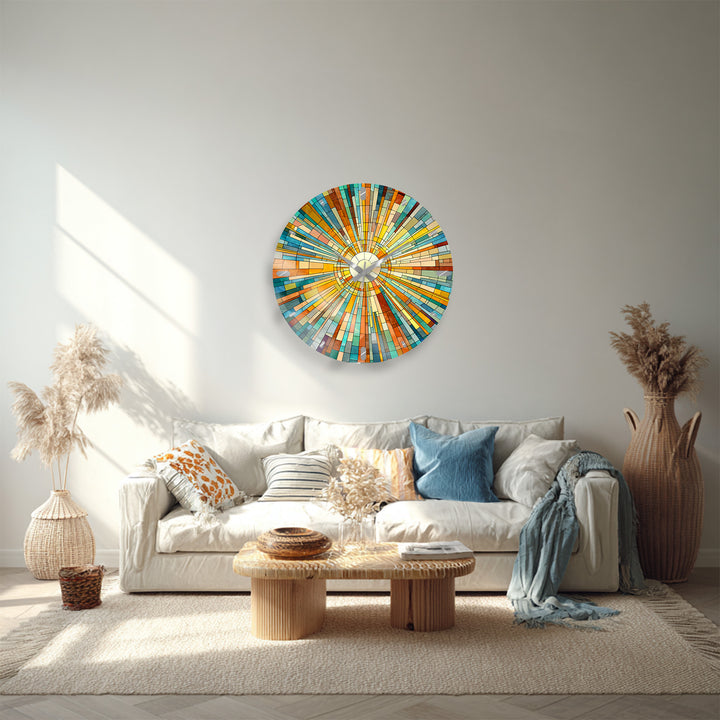 Geometrische Sunburst-Glaswanduhr – Bunte Mosaikkunst
