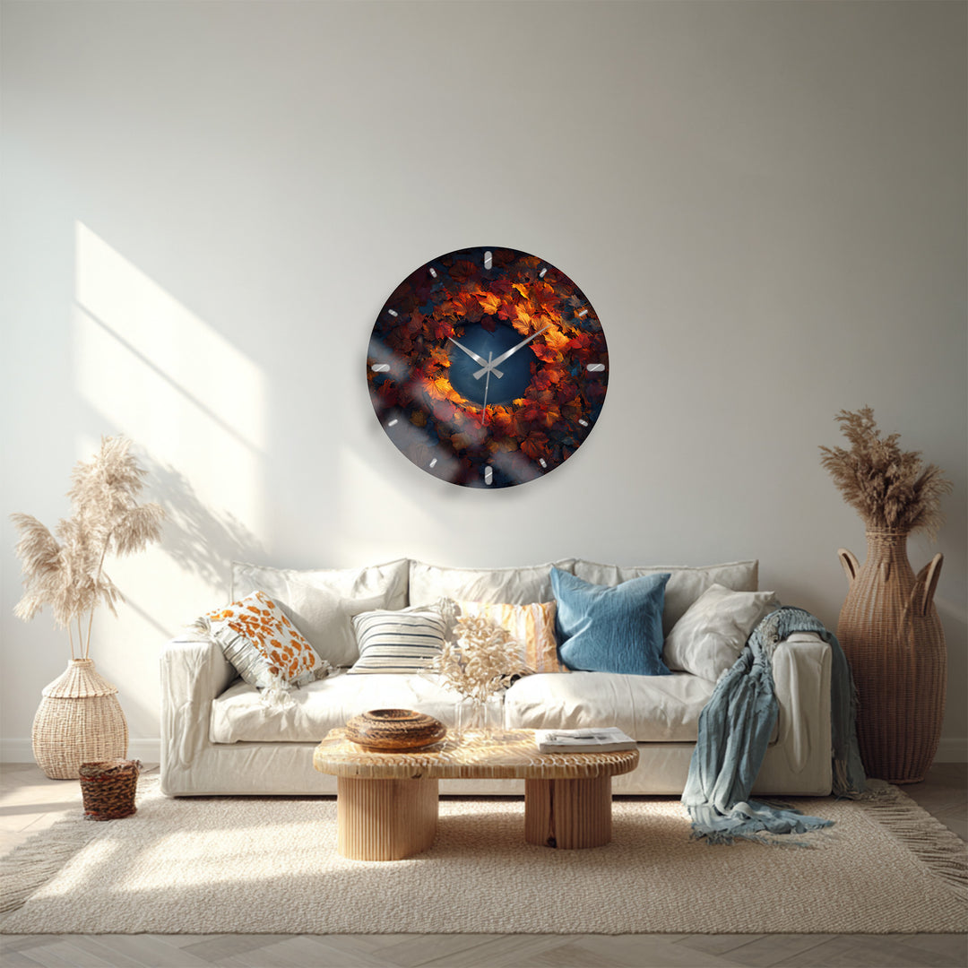 Glas-Wanduhr mit Herbstblättern – rustikales Herbstkranz-Dekor