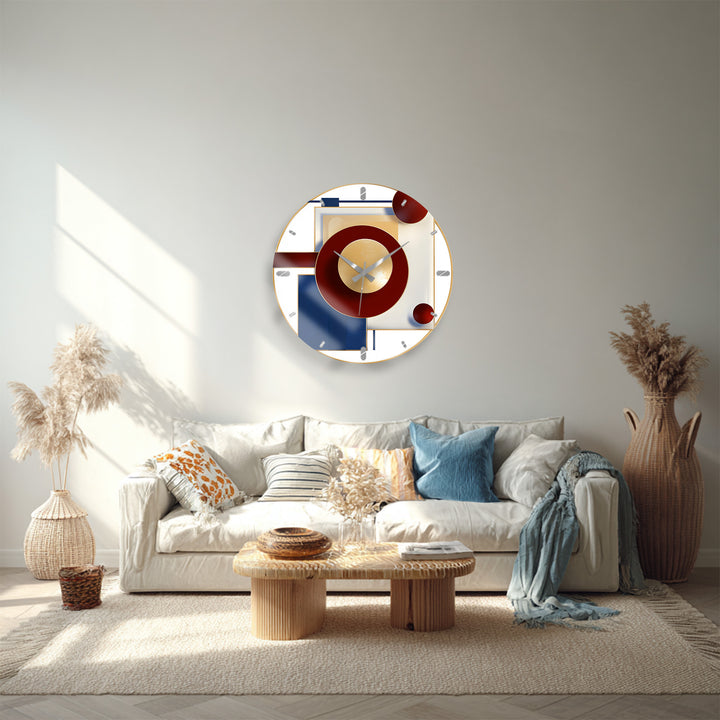 Burgundy and Navy Glass Wall Clock – Modern Geometric Gold Art