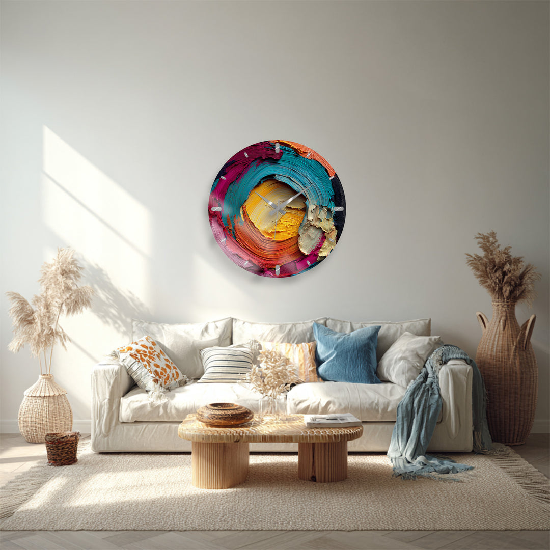 Colorful Abstract Glass Wall Clock – Vibrant Impasto Swirl Art