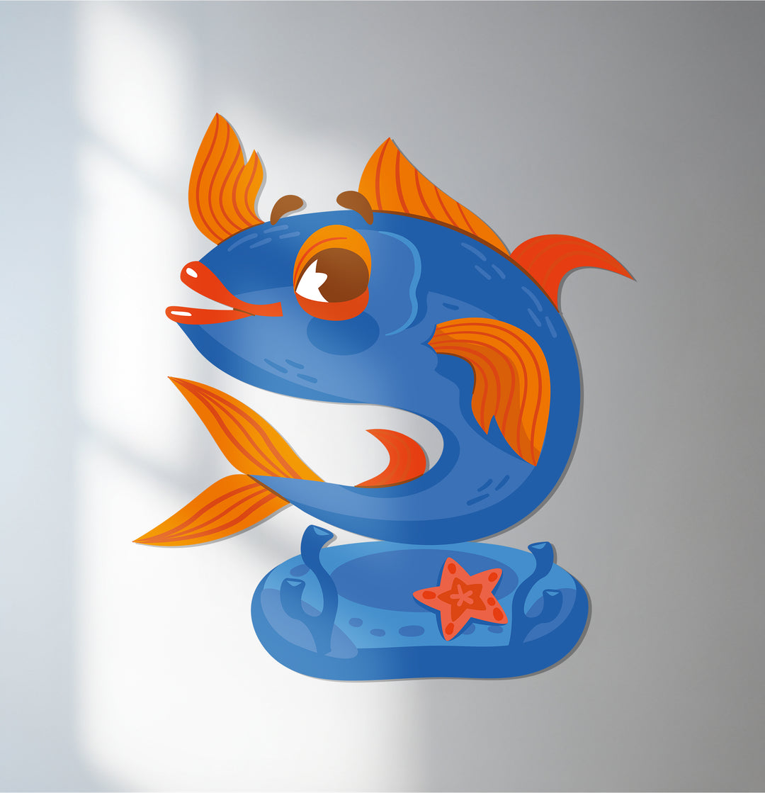 Playful blue fish metal wall art with orange fins and starfish base