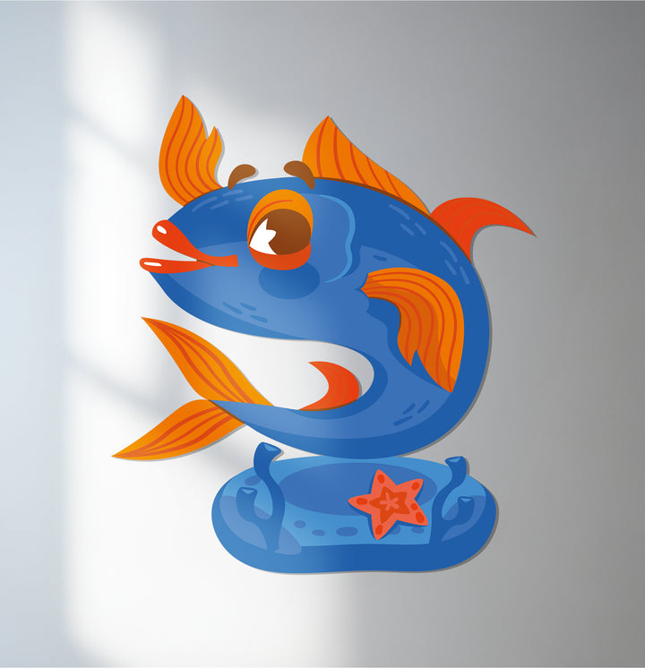 Playful blue fish metal wall art with orange fins and starfish base