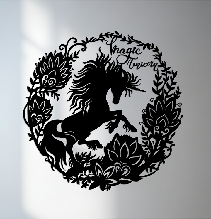 Neutral backdrop enhances the magic unicorn floral wreath design, showcasing the decoration wall art with black metal construction.