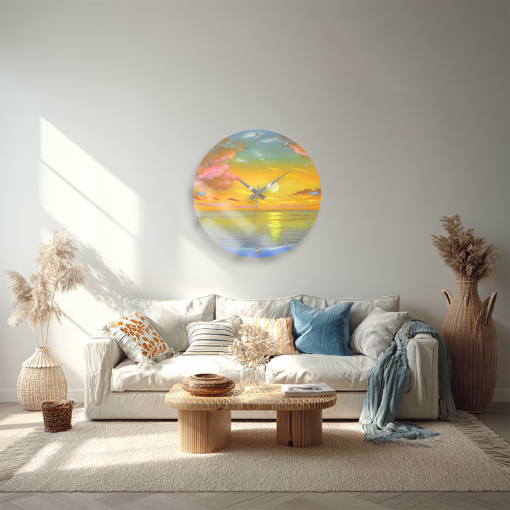 Ocean Sunset Glass Wall Clock – Golden Coastal Decor