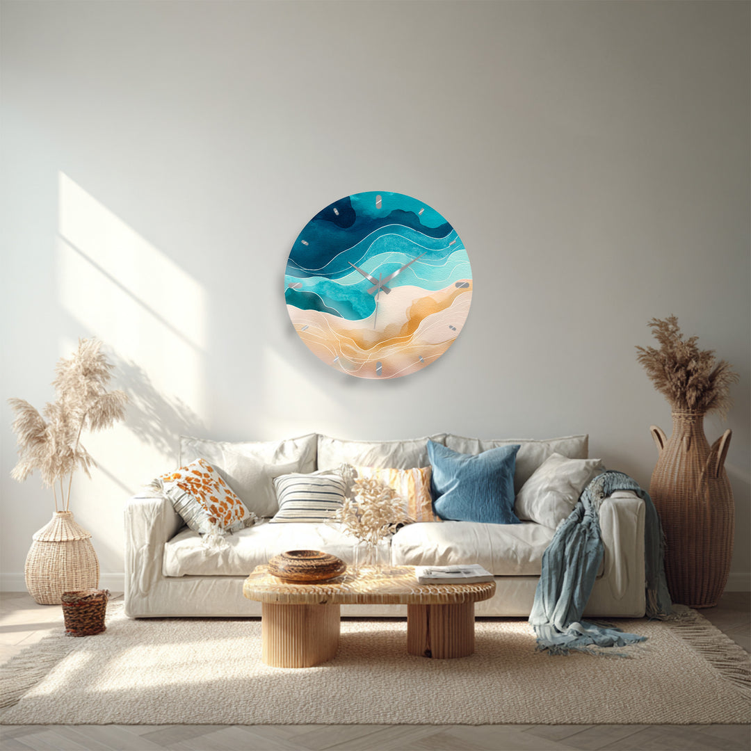 Abstract Coastal Glass Wall Clock – Blue Ocean Wave Decor