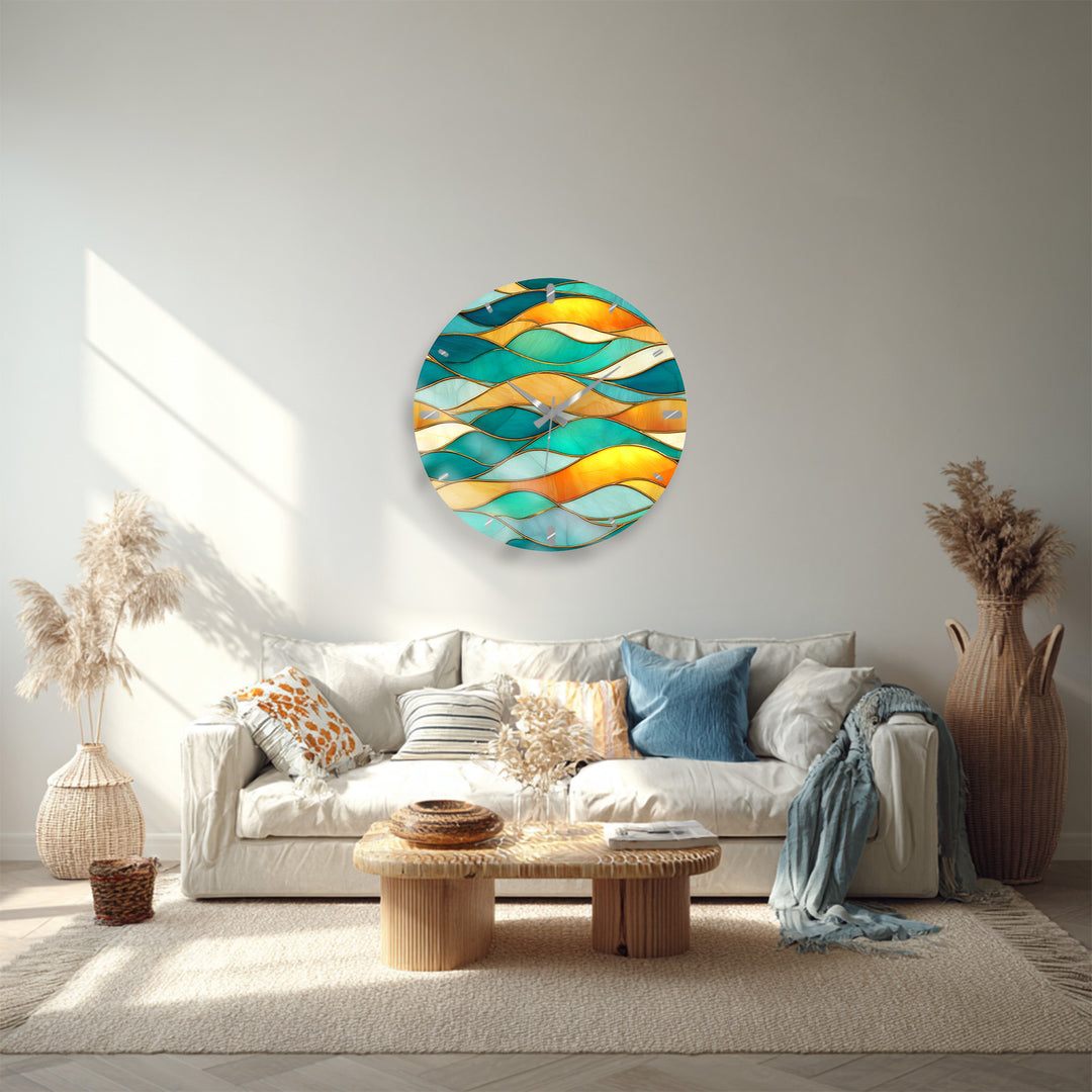 Turquoise Wave Glass Wall Clock – Abstract Stained Glass Decor