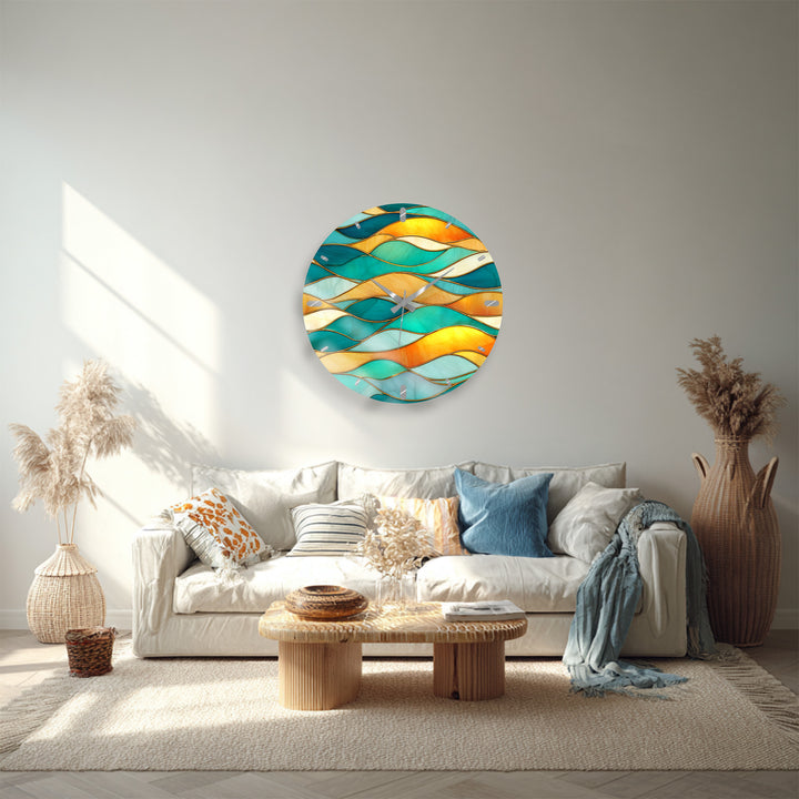 Turquoise Wave Glass Wall Clock – Abstract Stained Glass Decor
