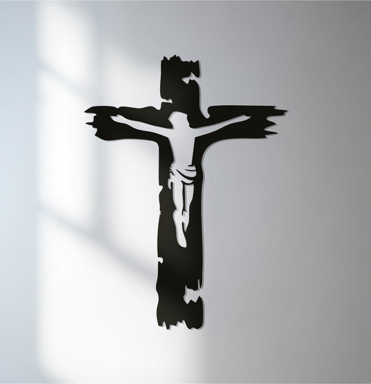 Depicting motion, this Jesus on cross metal wall art features a flowing design that creates a sense of spiritual depth, reflecting a unique metal wall art piece.